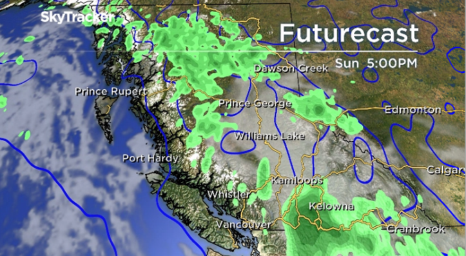A weather graphic showing regions likely to receive a chance of rain on Sunday.