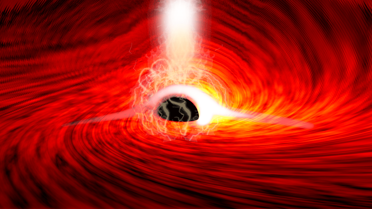 This illustration shows bright flares of X-ray emission, produced as gas falls into a supermassive black hole. 