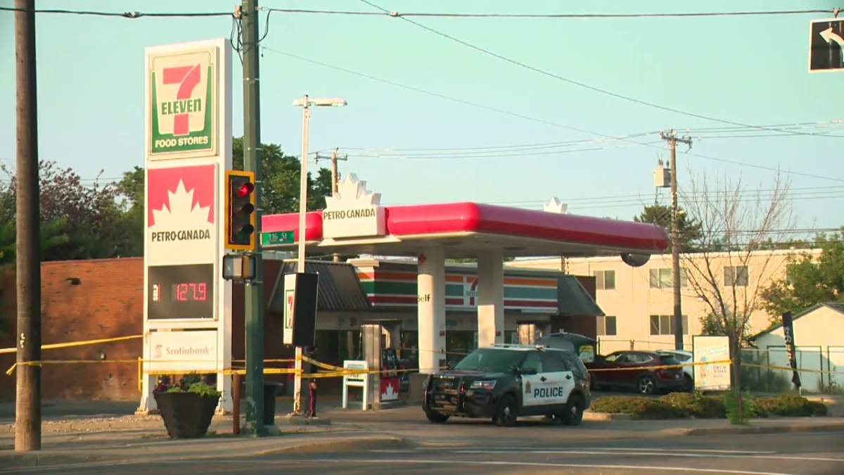 The Edmonton Police Service investigates a suspicious death outside a convenience store in the area of 107 Avenue and 115 Street Monday, July 12, 2021.