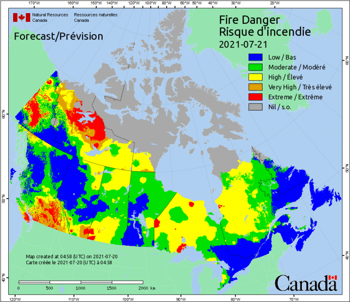 Country-wide Fire Danger levels as of July 21, 2021