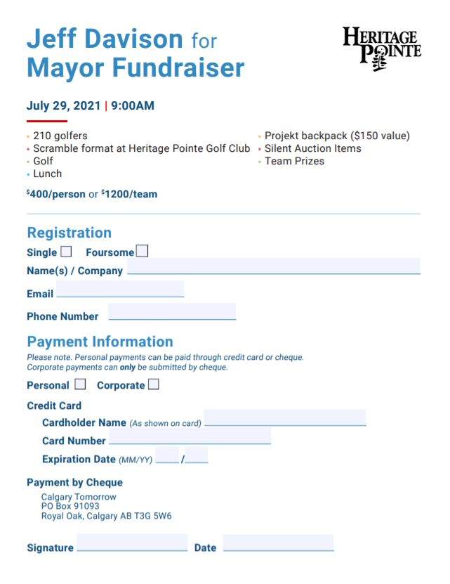 The invitation form to the fundraiser for Calgary mayoral candidate Jeff Davison.