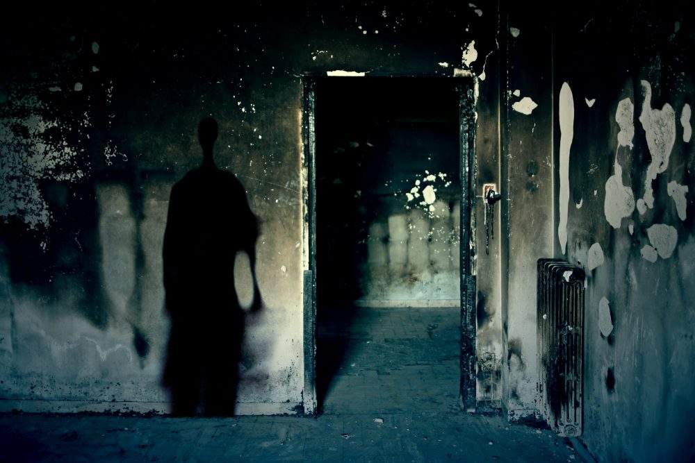 A digitally-created shadow is shown on the wall of an abandoned building.