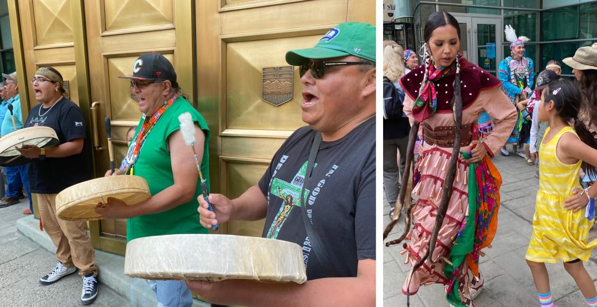 Family, friends and supporters of Kristian Ayoungman await the verdict in Brandon Giffen’s trial outside the Calgary Courts Centre on Monday, July 26, 2021.