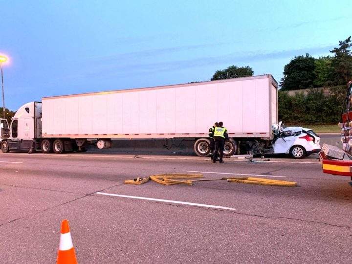 The scene of the crash on Highway 401 in Toronto on Saturday.