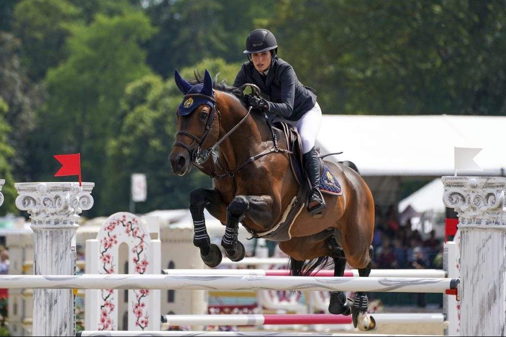 Jessica Springsteen riding Don Juan van de Donkhoeve competes in the Manama Speed Stakes at the Royal Windsor Horse Show, Windsor.