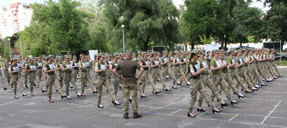 Ukrainian cadets march in pumps in this image released on July 1, 2021.