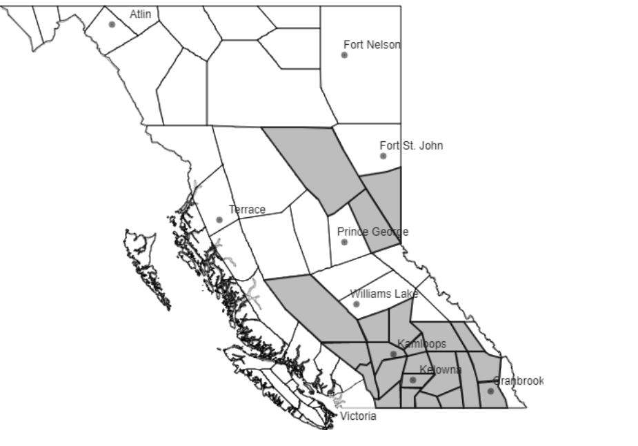 B.C.’s ministry of environment and climate change issued a smoky skies advisory for a large swath of the B.C. Interior and northeast areas of the province on Sunday, July 4,2021.