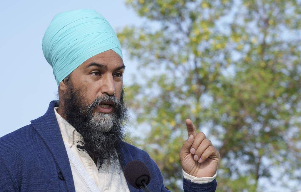 NDP Leader Jagmeet Singh responds to questions during a news conference in a park in Winnipeg, Thursday, Aug. 26, 2021. THE CANADIAN PRESS/Paul Chiasson.