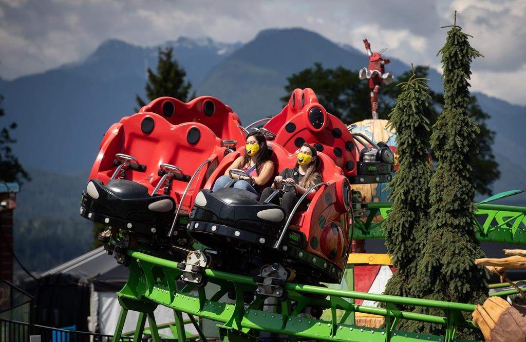 People wearing face masks rides an attraction at the Playland amusement park at the Pacific National Exhibition in Vancouver, on Friday, July 10, 2020. The British Columbia government is allocating $12.9 million-worth of grants to festivals, fairs and community events affected by the COVID-19 pandemic. THE CANADIAN PRESS/Darryl Dyck.
