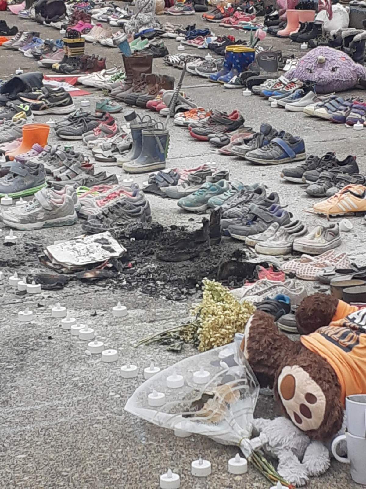 The memorial for residential school victims at city hall was burned on Aug. 3, 2021, according to Calgary police.