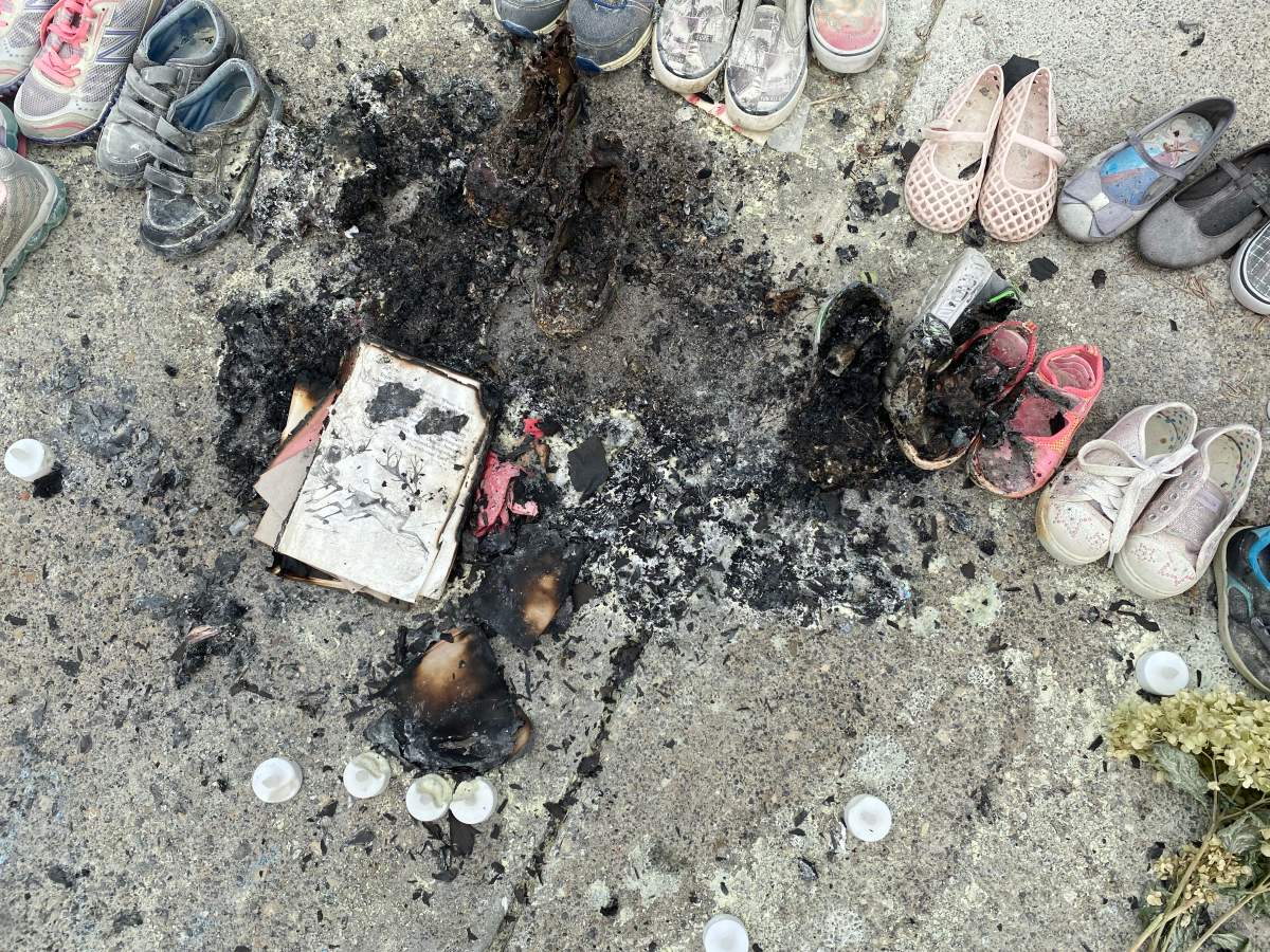 The memorial for residential school victims at city hall was burned on Aug. 3, 2021, according to Calgary police.