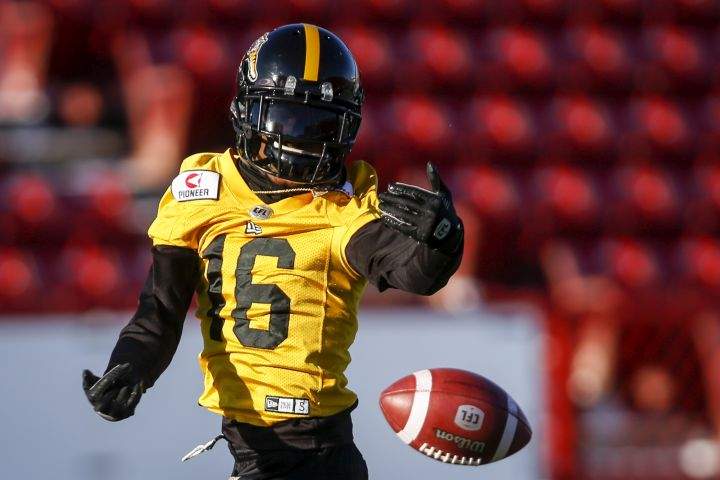 Hamilton Tiger-Cats Brandon Banks drops a pass during practice for Sunday’s CFL Grey Cup football game in Calgary, Friday, Nov. 22, 2019.