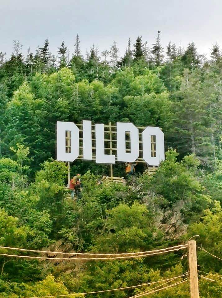 A Hollywood-like sign can be seen over the town of Dildo, Newfoundland in Canada in this undated handout photo provided August 19, 2019.