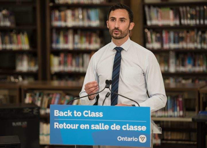 Ontario Education Minister Stephen Lecce speaks at a press conference at St. Robert Catholic High School in Toronto, on Wednesday, August 4, 2021.