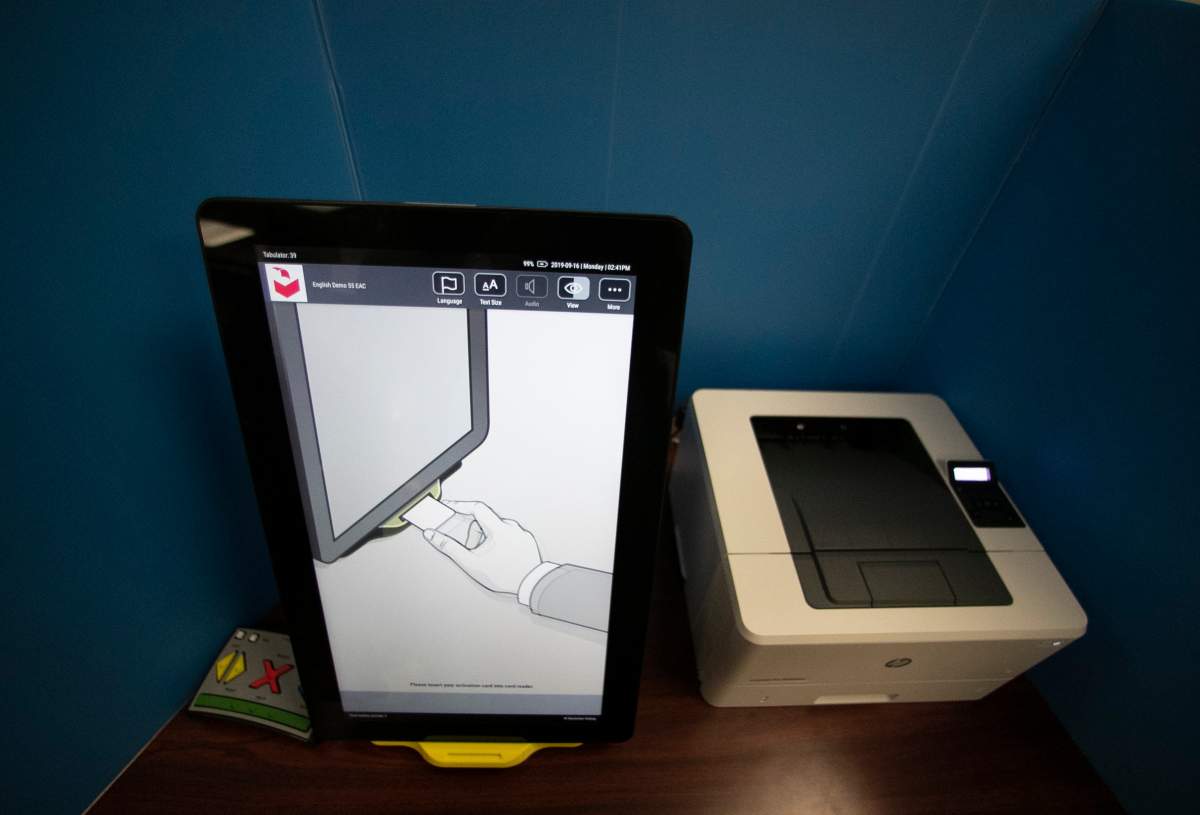 This Sept. 16, 2019 file photo shows a Dominion Voting system in Atlanta, Ga.