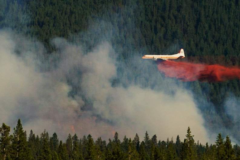 Firefighters take to the air to fight a wildfire near Canmore on Friday, Aug. 13.