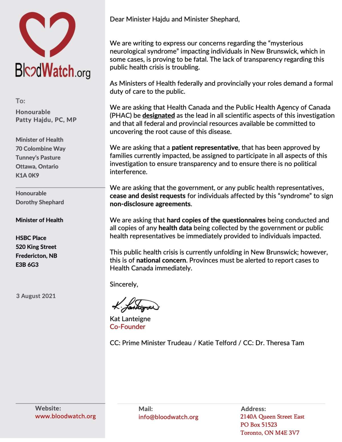 In an open letter, BloodWatch.org calls for further transparency at the investigation into New Brunswick’s neurological syndrome continues.