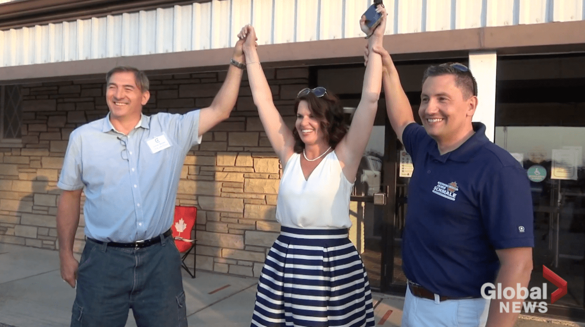 Michelle Ferreri is the Conservatives\’ federal candidate for Peterborough-Kawartha. She was congratulated by Peterborough-Kawartha MPP Dave Smith, left, and Haliburton-Kawartha Lakes-Brock federal MP Jamie Schmale.