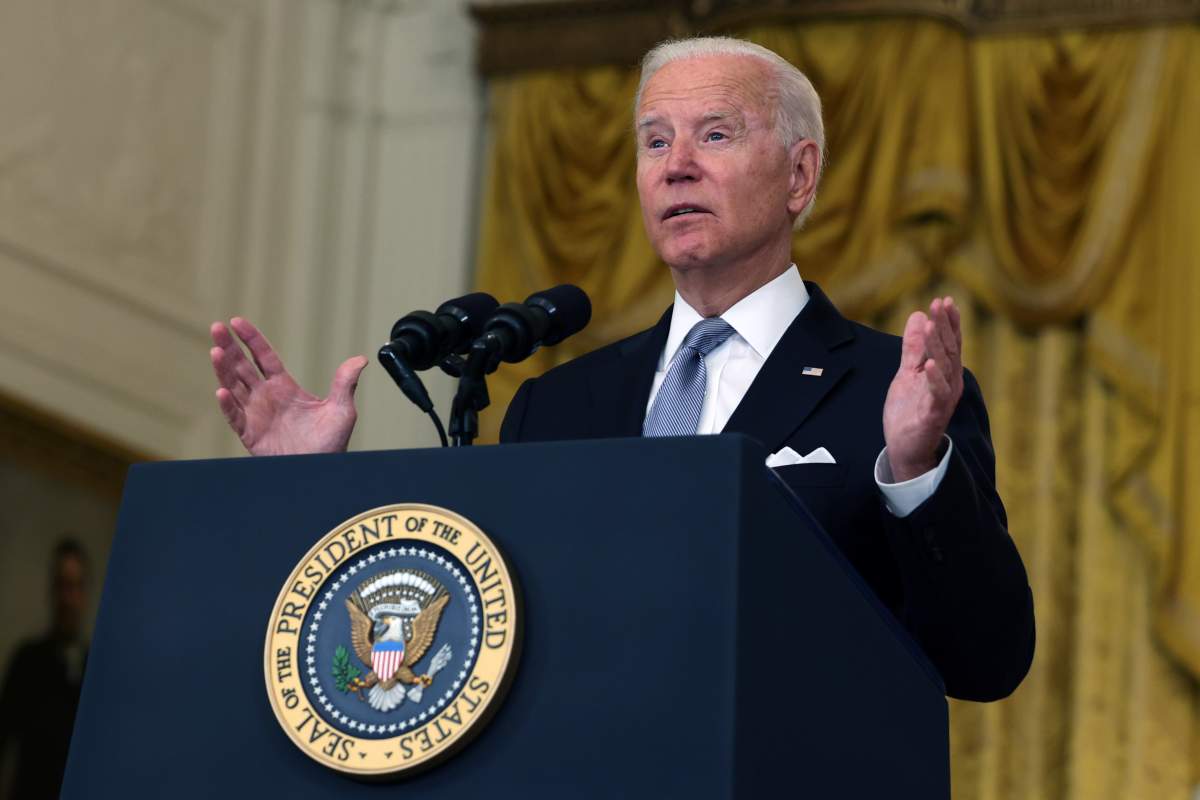 WASHINGTON, DC - AUGUST 16: U.S. President Joe Biden delivers remarks on the worsening crisis in Afghanistan from the East Room of the White House August 16, 2021 in Washington, DC. Biden cut his vacation in Camp David short to address the nation as the Taliban have seized control in Afghanistan two weeks before the U.S. is set to complete its troop withdrawal after a costly two-decade war. (Photo by Anna Moneymaker/Getty Images).