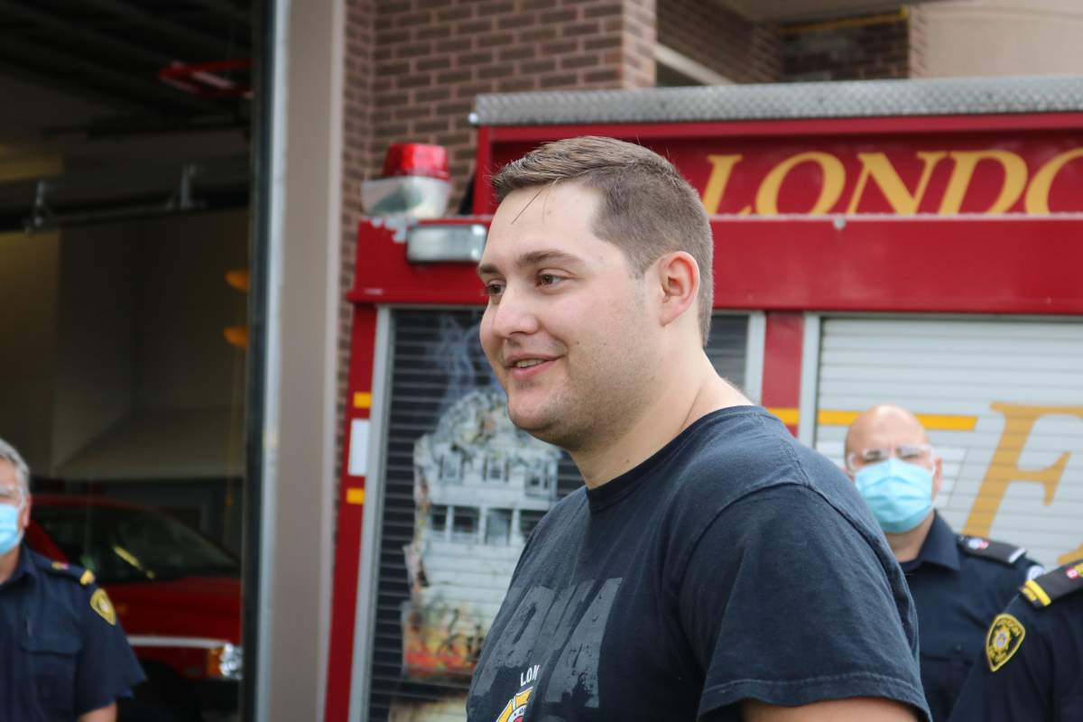 Jacob Hurl at Station 3 meeting some of the firefighters who helped save his life during the Dec. 11, 2020 partial building collapse 555 Teeple Terrace in London Ont. on August 30, 2021