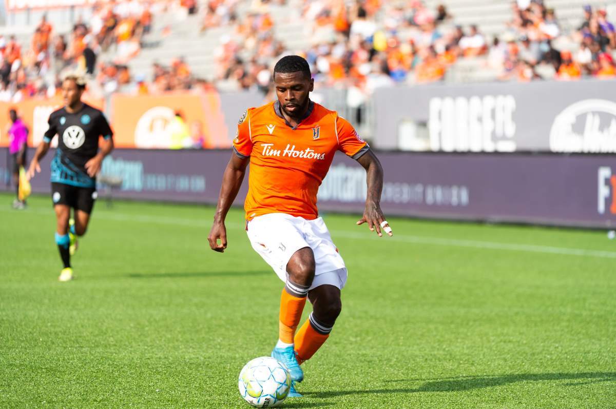 Kwame Awuah salvaged a point from Forge FC's match with HFX Wanderers on Aug. 22, 2021 at Tim Hortons Field in Hamilton, Ont.