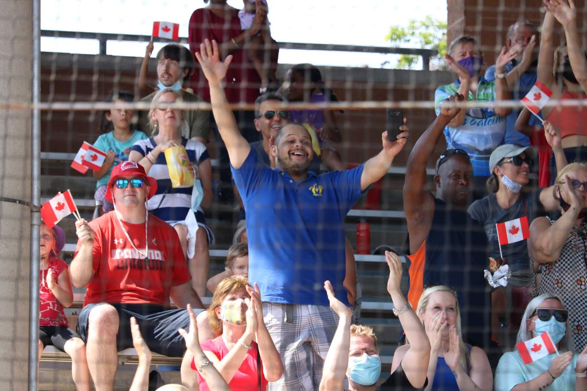 Londoners cheering on local Olympians during the London Olympic celebration at Labatt Park on Saturday, August 28, 2021