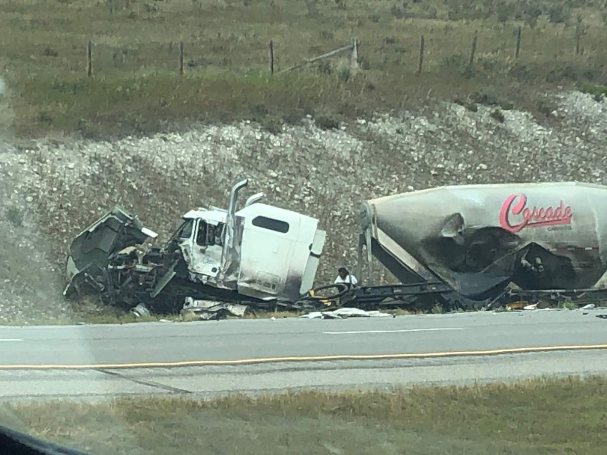 A semi and a five-tonne truck crashed on Highway 1 near Morley, Alta., on Wednesday.