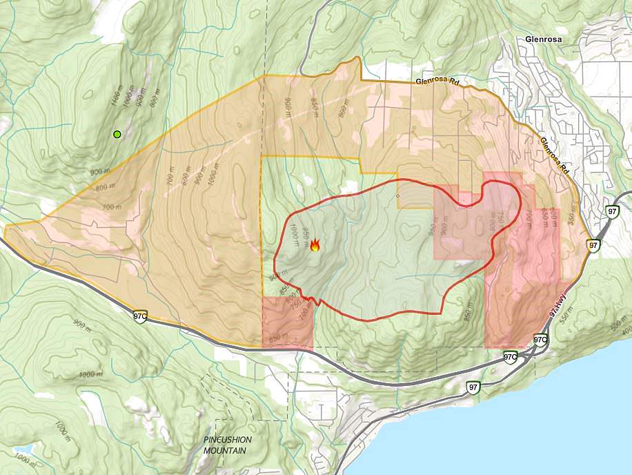 A map showing the perimeter of the Mount Law wildfire in the Central Okanagan, including areas under evacuation alert in yellow and evacuation order in red.