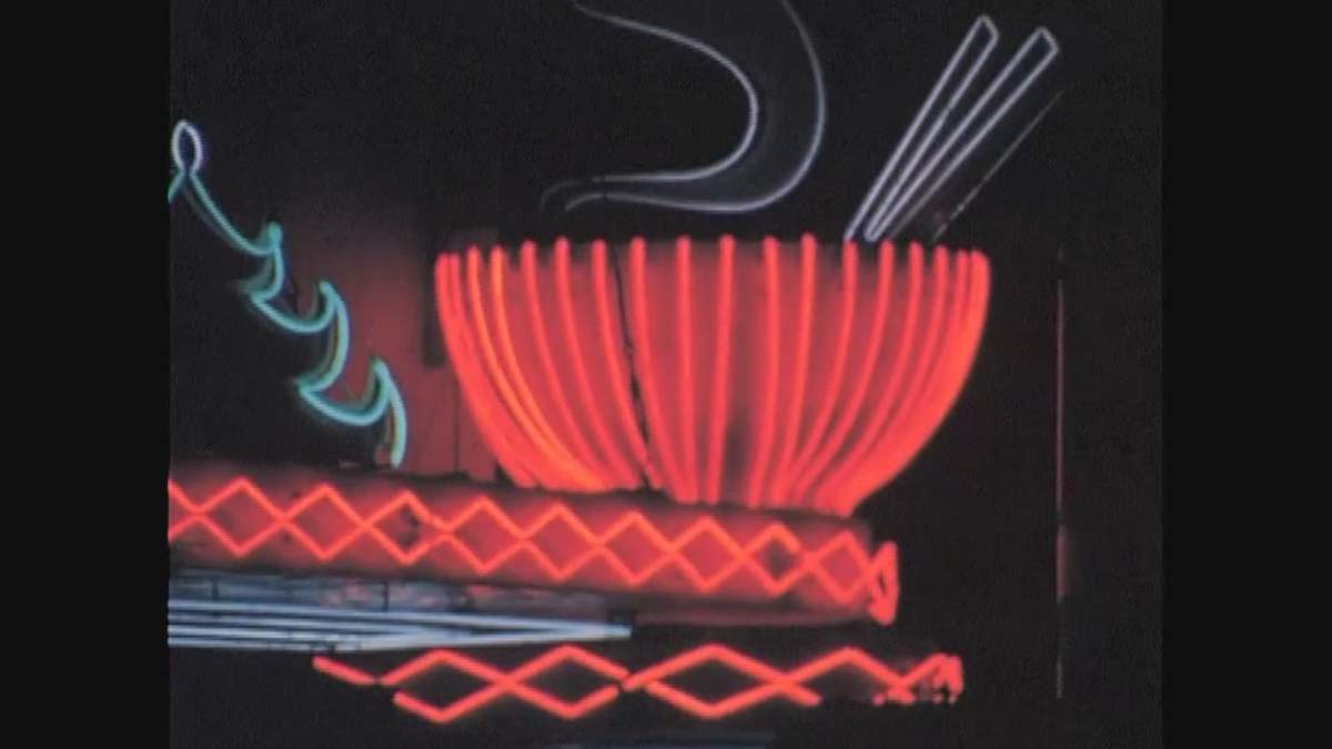 The famous neon bowl of noodles and chopsticks on the Ho Ho’s former sign in Chinatown.