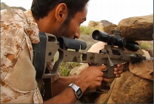 A brigadier general in the Yemeni armed forces, allegedly firing a Canadian-made PGW Defence Technologies sniper rifle