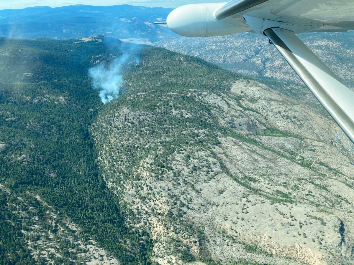An aerial view of the Skaha Creek wildfire that’s burning six kilometres southwest of Penticton.