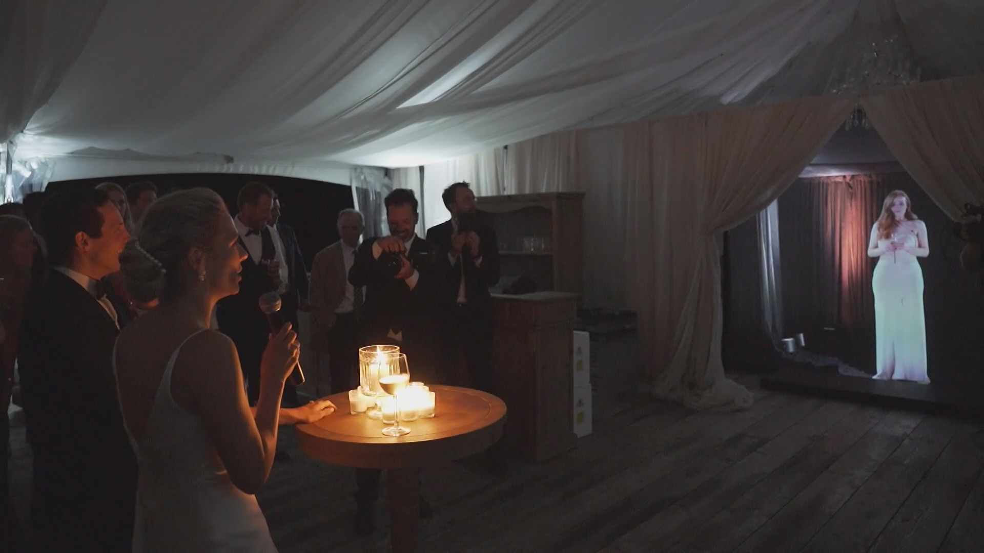 A hologram of bridesmaid Sarah Redington at the Niagara-on-the-Lake wedding of her friends Brittany Smith Gallant and Jeff Gallant.
