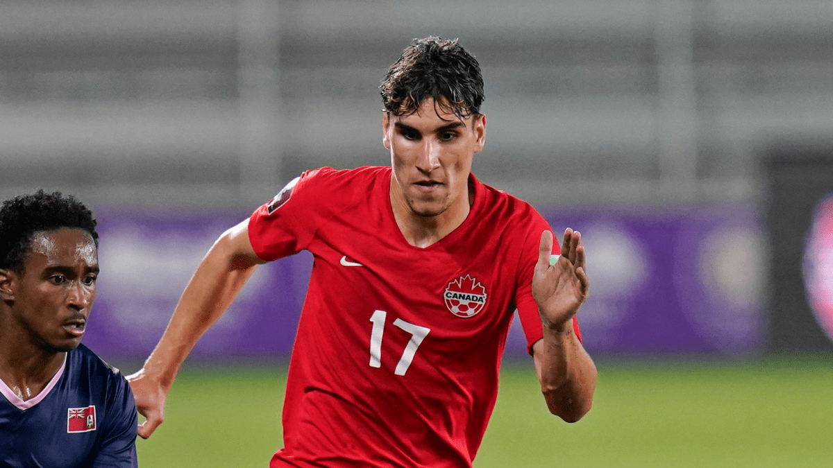 Midfielder Theo Corbeanu chases down a Bermuda player during a World Cup 2022 qualifying match in March 2021 in Orlando, Fla. The Hamilton native has joined Sheffield Wednesday on a loan from Wolverhampton Wanderers of the Premier League.