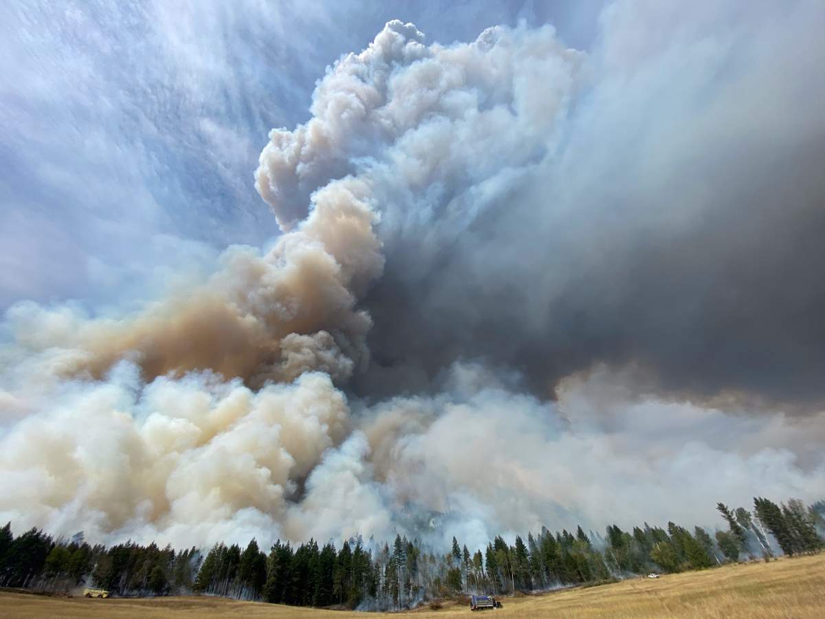Smoke rises from a massive planned burn at the White Rock Lake wildfire on Monday, Aug. 30, 2021.