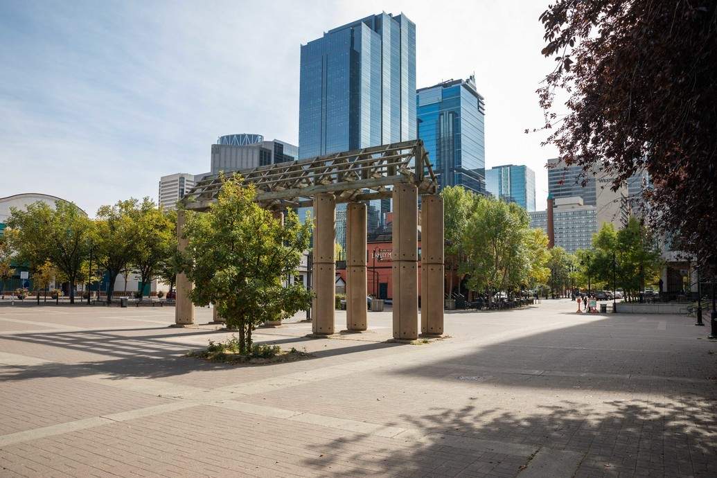 The Olympic arch in Eau Claire Plaza in downtown Calgary. 
