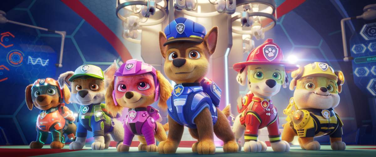 L-R: Zuma (voiced by Shayle Simons), Rocky (voiced by Callum Shoniker), Skye (voiced by Lilly Bartlam), Chase (voiced by Iain Armitage), Marshall (voiced by Kingsley Marshall), and Rubble (voiced by Keegan Hedley) in PAW Patrol: The Movie.