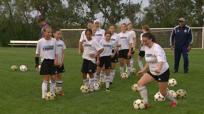 Girls with FC Regina participate in an evening practice on Aug. 5 at Mount Pleasant in Regina.