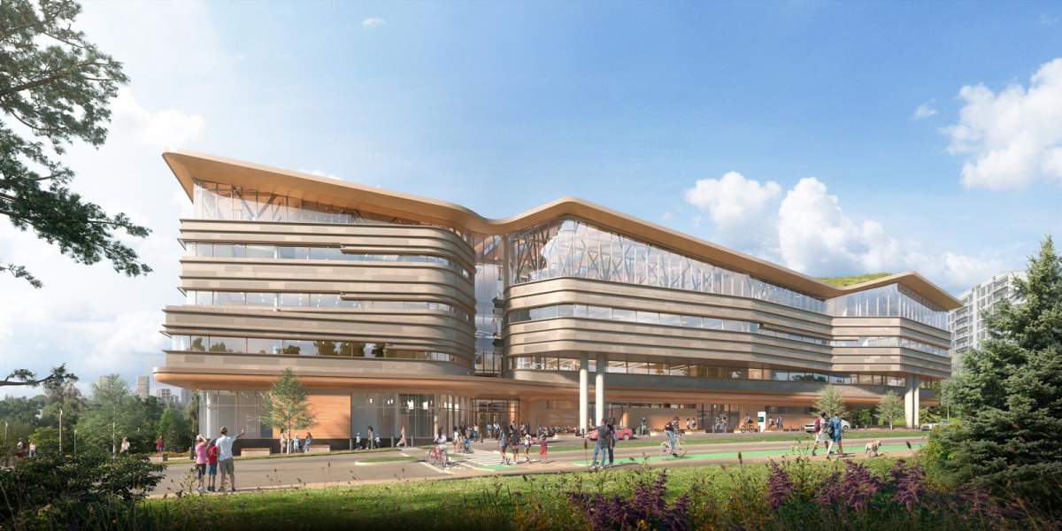 A view of the southern exterior of the new Ottawa central library, now set for opening in 2026.