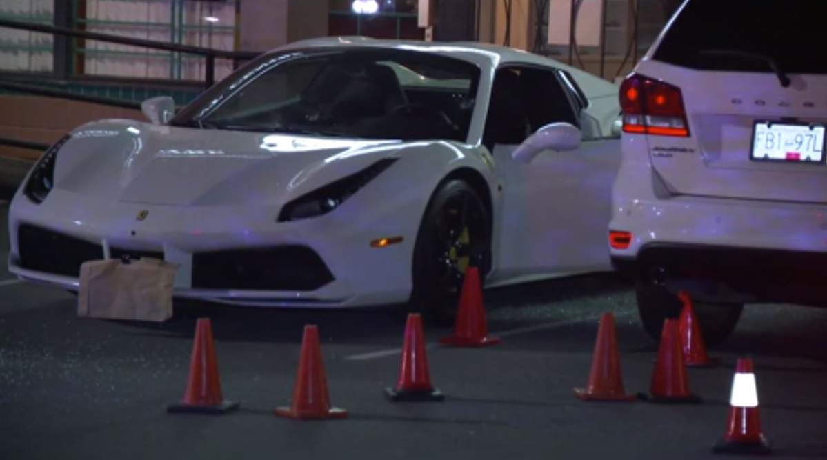 A white Ferrari is spotted at the scene of a shooting in Surrey, B.C. 