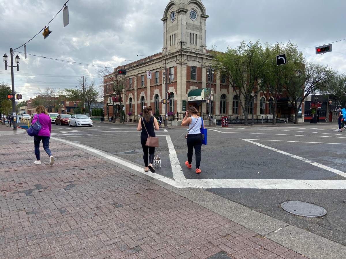 A scramble intersection at Whyte Avenue and 105 Street in Edmonton.
