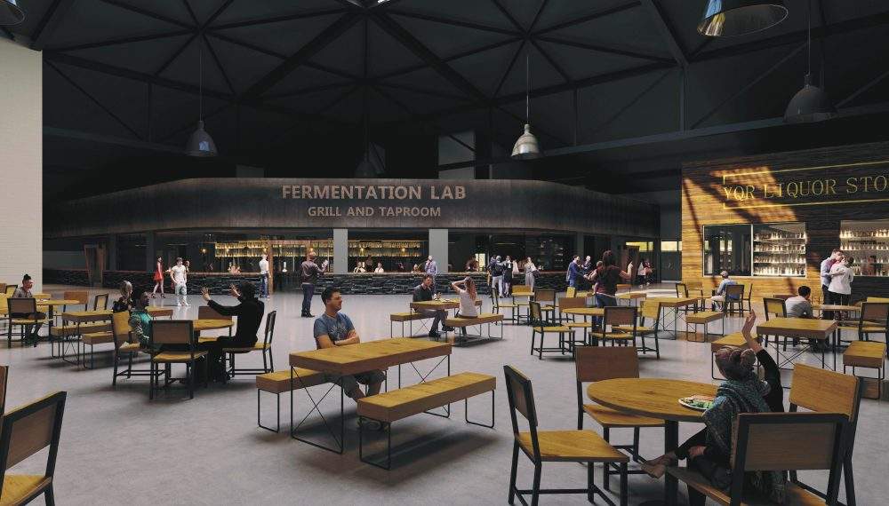 A rendered image of the commons event space planned for the new YQR Distillery facility.