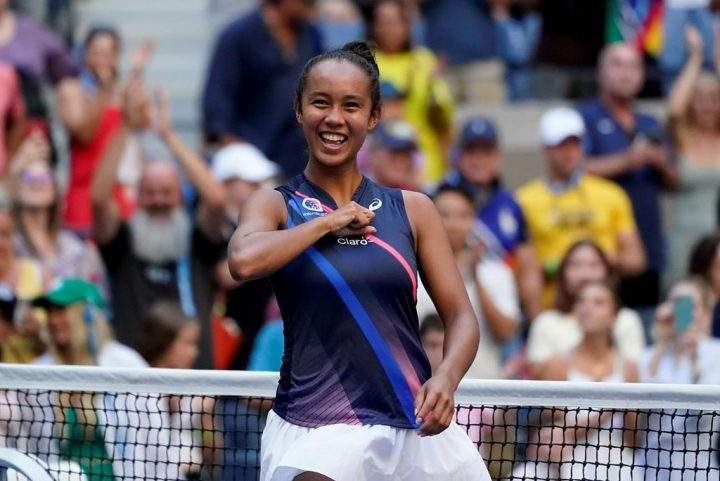 Leylah Fernandez, of Canada, reacts after defeating Elina Svitolina, of Ukraine, during the quarterfinals of the US Open tennis championships in New York, Tuesday, Sept. 7, 2021.