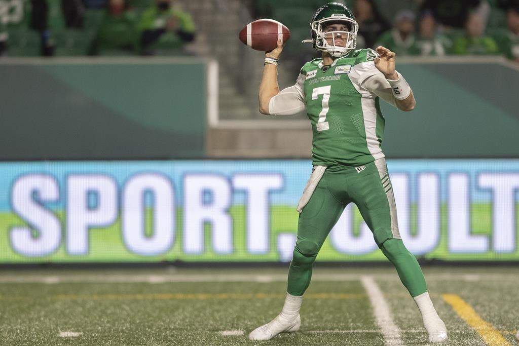 Saskatchewan Roughriders quarterback Cody Fajardo (7) throws the ball during the first half of CFL football action against the Toronto Argonauts in Regina on Friday, September 17, 2021.