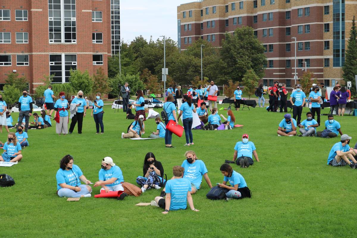 Around 70 students and staff gathered in solidarity and take a stand against sexual and gender based violence on campus on Sep. 20, 2021.