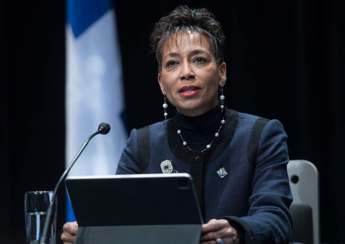 Quebec Minister of International Relations and La Francophonie Nadine Girault speaks during a news conference in Montreal, Monday, Dec. 14, 2020. 
