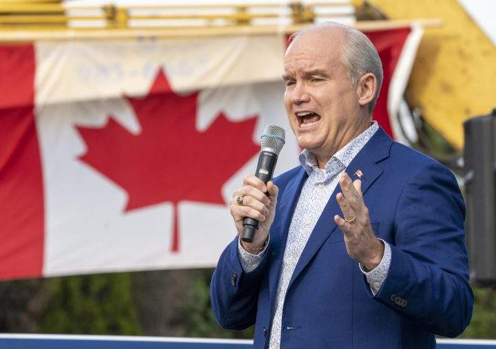 Conservative Leader Erin O'Toole speaks to supporters at a campaign event in Vancouver on Friday September 3, 2021. Canadians will vote in a federal election Sept. 20th. 