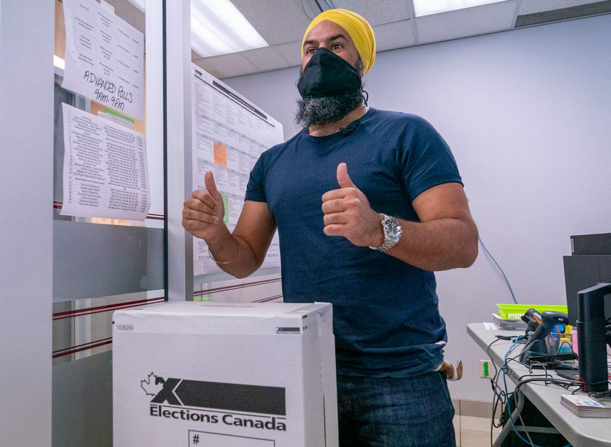 NDP Leader Jagmeet Singh takes part in advanced voting during the Canadian federal election campaign in Burnaby, B.C., Friday, Sept. 10, 2021.