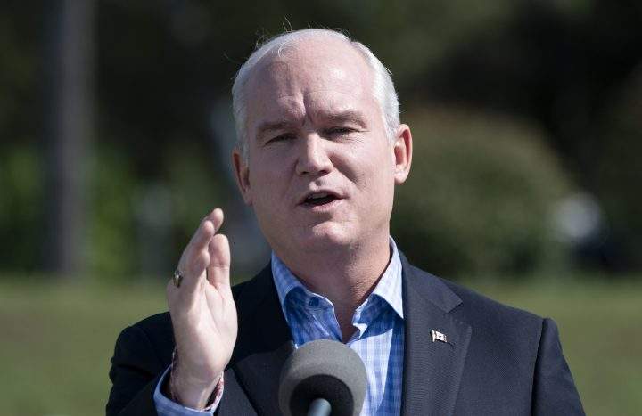 Conservative leader Erin O’Toole responds to a question during a campaign event, Monday, September 13, 2021 in Carp, Ontario. THE CANADIAN PRESS/Adrian Wyld.