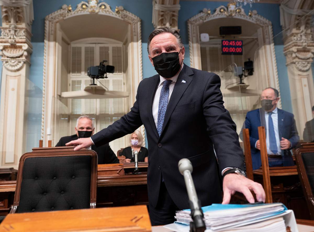 Quebec Premier Francois Legault walks in for question period Thursday, September 23, 2021 at the legislature in Quebec City. 