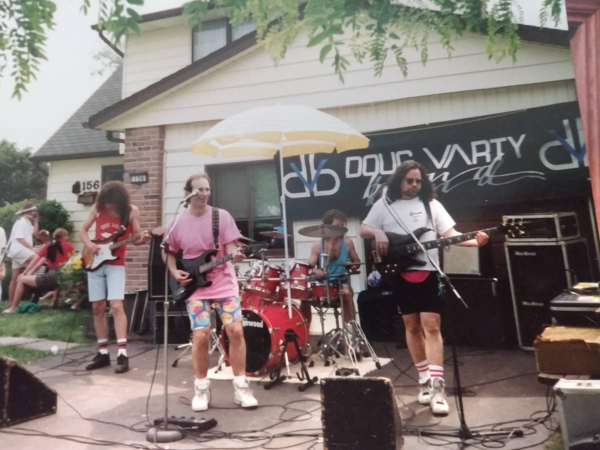 Derek Bowie, Doug Varty, Phil Krawchuck and Colin Stewart performing in 1991 at a neighbourhood party.